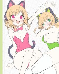 Rule 34 | 1girl, 2girls, alternate costume, animal ear headphones, animal ears, blonde hair, blue archive, blush, bow, bowtie, breasts, cat ear headphones, closed mouth, detached collar, fake animal ears, green eyes, green leotard, headphones, leotard, looking at viewer, midori (blue archive), momoi (blue archive), multiple girls, nidaime (doronbo), open mouth, pink bow, pink bowtie, pink eyes, pink leotard, siblings, simple background, sisters, small breasts, tail, thighhighs, white thighhighs, wrist cuffs