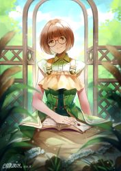 Rule 34 | 10s, 1girl, book, brown hair, chiiririn, crop top, dress, envelope, erica brown, glasses, letter, looking at viewer, mole, mole under mouth, open book, orange eyes, outdoors, short hair, sitting, sleeveless, sleeveless dress, smile, solo, violet evergarden (series)