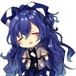 Rule 34 | 1girl, bad id, bad twitter id, blue bow, blue hair, blue skirt, blush, bow, chibi, closed eyes, commentary request, cowboy shot, debt, facing viewer, grey hoodie, hair between eyes, hair bow, highres, holding, holding stuffed toy, hood, hoodie, kyouda suzuka, long hair, open mouth, puffy short sleeves, puffy sleeves, short sleeves, simple background, skirt, solo, stuffed animal, stuffed cat, stuffed toy, touhou, very long hair, wavy hair, white background, yorigami shion