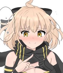Rule 34 | ..., 1girl, ahoge, atsumisu, bad id, bad pixiv id, bare shoulders, black bow, black gloves, black scarf, blush, bow, breasts, cleavage, closed mouth, commentary request, fate/grand order, fate (series), fingers together, flying sweatdrops, gloves, hair between eyes, hair bow, hands up, index fingers together, light brown hair, medium breasts, nervous smile, nose blush, okita j. souji (fate), okita j. souji (first ascension) (fate), okita souji (fate), okita souji (koha-ace), orange eyes, scarf, simple background, single glove, smile, solo, spoken ellipsis, tears, upper body, wavy mouth, white background