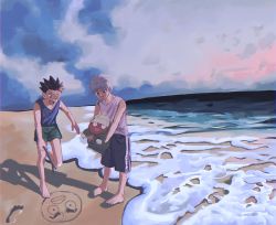Rule 34 | 1other, 2boys, :d, barefoot, beach, black hair, child, drawing, gon freecss, highres, hunter x hunter, ikalgo, killua zoldyck, male focus, miko hxh, multiple boys, octopus, open mouth, outdoors, sand writing, shorts, sleeveless, smile, spiked hair, white hair