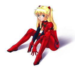 Rule 34 | alternate hair color, blonde hair, blue eyes, bodysuit, bracer, breasts, from side, full body, gloves, grin, hair between eyes, hair ornament, knees up, looking at viewer, murazono, neon genesis evangelion, outstretched arms, pilot suit, plugsuit, shadow, simple background, sitting, small breasts, smile, solo, souryuu asuka langley, spread legs, turtleneck, two side up, v arms, white background