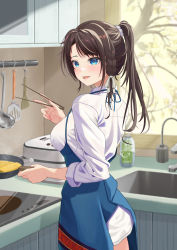 Rule 34 | 1girl, absurdres, alternate costume, apron, bangom r, blue apron, blue eyes, blue ribbon, blush, braid, breasts, brown hair, chopsticks, commentary, cooking, from side, frying pan, hair ornament, hair ribbon, hair scrunchie, highres, holding, holding chopsticks, holding frying pan, hololive, indoors, kitchen, large breasts, long hair, long sleeves, looking to the side, nail polish, oozora subaru, parted lips, pink nails, ponytail, ribbon, scrunchie, shirt, solo, standing, virtual youtuber, white ribbon, white shirt