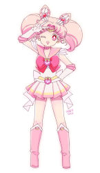 Rule 34 | 10s, 1girl, 2015, bad id, bad pixiv id, bishoujo senshi sailor moon, boots, bow, brooch, chibi usa, choker, cone hair bun, dated, double bun, elbow gloves, full body, gloves, hair bun, hair ornament, hairpin, hand on own hip, heart, heart brooch, jewelry, knee boots, magical girl, multicolored clothes, multicolored skirt, one eye closed, pink footwear, pink hair, pleated skirt, red bow, red eyes, sailor chibi moon, sailor collar, saki (hxaxcxk), short hair, signature, simple background, skirt, smile, solo, standing, super sailor chibi moon, tiara, twintails, v, white background, white gloves
