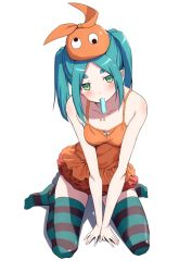 Rule 34 | 1girl, aqua hair, bare shoulders, between legs, blush, breasts, dress, eyebrows hidden by hair, food, food in mouth, frilled dress, frills, full body, googly eyes, green eyes, hand between legs, hat, highres, long hair, looking at viewer, monogatari (series), ononoki yotsugi, orange dress, orange hat, popsicle, popsicle in mouth, short dress, simple background, sitting, skindentation, sleeveless, sleeveless dress, small breasts, solo, striped clothes, striped thighhighs, thighhighs, twintails, v arms, wariza, white background, yotsugi