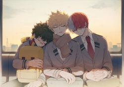 Rule 34 | 3boys, backpack, bag, bag on lap, bakugou katsuki, bandaid, bandaid on face, bandaid on nose, blazer, blonde hair, boku no hero academia, burn scar, bus interior, buttoned cuffs, buttons, closed eyes, cloud, collared shirt, curly hair, double horizontal stripe, evening, freckles, fringe trim, gauze, gradient sky, green hair, green pants, grey jacket, hair between eyes, hands up, head on another&#039;s shoulder, head tilt, highres, hugging object, interlocked fingers, jacket, lapels, leaning on person, leaning to the side, light, long sleeves, male focus, midoriya izuku, multicolored clothes, multicolored hair, multicolored scarf, multiple boys, necktie, notched lapels, ochi (lokun), open mouth, own hands together, pants, parted hair, parted lips, red hair, red necktie, scar, scar on face, scar on hand, scarf, school uniform, scratches, shirt, short hair, side-by-side, silhouette, sitting, sky, sleeping, sleeping on person, sleeping upright, spiked hair, split-color hair, straight-on, straight hair, striped clothes, striped scarf, sunlight, todoroki shouto, u.a. school uniform, unworn bag, upper body, vertical-striped clothes, vertical-striped scarf, white hair, white shirt, window, wing collar, yellow bag