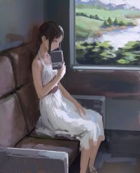Rule 34 | 1girl, bad id, bad twitter id, bare arms, bare shoulders, black hair, book, brown eyes, chair, dress, from side, highres, holding, holding book, long hair, looking at viewer, looking to the side, open book, original, sash, sitting, solo, sundress, train interior, tree, treeware, white dress, window