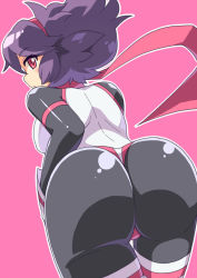 Rule 34 | 1girl, ass, blush, bodysuit, breasts, character request, from behind, gloves, huge ass, large breasts, leaning, leaning forward, long hair, looking at viewer, looking back, open mouth, parted lips, pilot suit, pink background, pink eyes, pixiv robot wars, pure (kawamoto nami), purple hair, red eyes, scarf, shiny clothes, short hair, simple background, solo, thigh gap, thighs