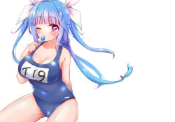 Rule 34 | 1girl, blue hair, blue one-piece swimsuit, candy, commentary request, cowboy shot, flower-shaped pupils, food, hair ribbon, highres, i-19 (kancolle), kantai collection, lollipop, long hair, looking at viewer, name tag, negative space, one-piece swimsuit, one eye closed, red eyes, ribbon, saburou 03, school swimsuit, simple background, sitting, solo, star-shaped pupils, star (symbol), swimsuit, symbol-shaped pupils, tri tails, twintails, white background