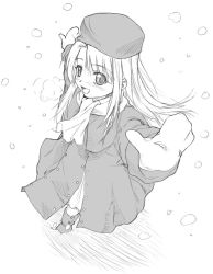 Rule 34 | 00s, 1girl, breath, coat, face, fate/stay night, fate (series), female focus, full body, greyscale, hat, illyasviel von einzbern, mittens, monochrome, open mouth, outdoors, outstretched arms, scarf, smile, snow, snowing, solo, white background, yamaguchi homupe