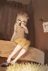 Rule 34 | 1girl, barefoot, black gloves, blush, capri pants, covering own mouth, from below, glasses, gloves, grey hair, grey sweater, kemono friends, long sleeves, meerkat (kemono friends), meerkat ears, meerkat tail, multicolored hair, nanica26, on bed, orange pants, pants, sandals, short hair, sitting, solo, sweater, two-tone hair, two-tone sweater, unworn sandals
