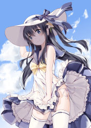 Rule 34 | 1girl, absurdres, bad id, bad pixiv id, blue bow, bow, bow legwear, bowtie, closed mouth, cloud, cloudy sky, commentary request, covering crotch, covering privates, cowboy shot, day, dress, dress tug, flower, fuyuki030, hair flower, hair ornament, hand on headwear, hat, hat bow, hat ribbon, highres, leaning forward, long hair, looking at viewer, one side up, original, outdoors, panties, ribbon, sailor dress, short dress, side-tie panties, sky, sleeveless, sleeveless dress, smile, solo, standing, sun hat, thighhighs, underwear, white dress, white hat, white panties, white thighhighs, wind, wind lift, yellow bow, yellow bowtie