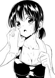 Rule 34 | 1girl, :o, arm up, attsun (atsushi jb), black hair, blush, breasts, cleavage, collarbone, greyscale, hair ornament, hair scrunchie, highres, large breasts, looking at viewer, monochrome, open mouth, original, scrunchie, solo, sweat, towel, towel around neck, upper body, wiping face