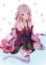 Rule 34 | 1girl, absurdres, black kimono, breasts, gold trim, grey hair, highres, hololive, horns, japanese clothes, kaze 22, kimono, long hair, looking at viewer, multicolored hair, nakiri ayame, nakiri ayame (1st costume), oni, red eyes, red hair, red kimono, sidelocks, skin-covered horns, small breasts, smile, solo, streaked hair, thighhighs, virtual youtuber, white thighhighs