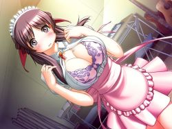 Rule 34 | 00s, 1girl, blush, bra, breasts, brown eyes, cleavage, crying, crying with eyes open, embarrassed, game cg, hiide, huge breasts, large breasts, lingerie, long hair, maid, open clothes, open shirt, pink bra, pink eyes, shirt, solo, tears, underwear, waitress, yotsunoha, yuzuki iori