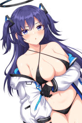 Rule 34 | 1girl, bare shoulders, bikini, black bikini, black gloves, blue archive, blue eyes, blue hair, blush, breasts, cleavage, collarbone, gloves, hair ornament, halo, highres, horosuke, jacket, large breasts, long hair, long sleeves, looking at viewer, navel, off shoulder, open clothes, open jacket, open mouth, sidelocks, simple background, solo, sweat, swimsuit, two side up, white background, white jacket, yuuka (blue archive)