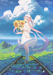 Rule 34 | 1girl, absurdres, aqua eyes, aria (manga), aria company uniform, beret, boots, cloud, cloudy sky, day, dress, floating hair, flower, grass, hair tubes, hat, hat ribbon, highres, holding, holding flower, jiege, long dress, looking at viewer, looking back, mizunashi akari, ocean, open mouth, outdoors, pink hair, railroad tracks, ribbon, short hair with long locks, short sleeves, sky, solo, standing, sunflower, uniform, white dress, white footwear, white hat, wind turbine, windmill, yellow flower