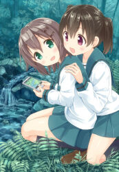 2girls black_hair black_socks cellphone dot_nose feet_out_of_frame green_eyes green_sailor_collar grey_hair hair_ornament hairclip holding holding_cellphone holding_phone kuraue_hinata legs long_sleeves looking_at_viewer multiple_girls open_mouth outdoors phone purple_eyes sailor_collar scenery school_uniform serafuku shirt shoes skirt socks su6546age water yama_no_susume yukimura_aoi