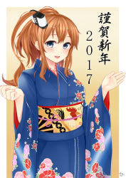 Rule 34 | 10s, 1girl, 2017, animal print, bad id, bad pixiv id, bird, blue eyes, blue kimono, brown hair, chicken, chinese zodiac, facing viewer, floral print, highres, japanese clothes, kantai collection, kimono, long hair, new year, obi, open mouth, ponytail, rooster, saratoga (kancolle), sash, side ponytail, smile, solo, star (symbol), tomo (tomojo 8), year of the rooster