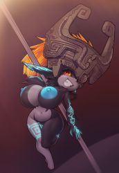 Rule 34 | 1girl, absurdres, alternate breast size, arm tattoo, black skin, blue nipples, breasts, cleft of venus, colored nipples, colored sclera, colored skin, fang, full body, grin, helmet, highres, huge breasts, leg tattoo, long hair, long pointy ears, midna, multicolored skin, mystical, navel, nintendo, nipples, no toes, one eye covered, orange hair, pointy ears, pole, pole dancing, ponytail, pussy, shortstack, smile, solo, stripper pole, tattoo, the legend of zelda, the legend of zelda: twilight princess, two-tone skin, uncensored, yellow sclera