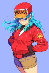 Rule 34 | 1girl, aqua background, bad id, bad pixiv id, bare legs, baseball cap, blue eyes, blue hair, breasts, brown shorts, bulma, character name, closed mouth, clothes writing, cowboy shot, dragon ball, dragon ball (classic), dutch angle, expressionless, floating hair, hands in pockets, hat, jacket, leather, leather jacket, libeuo (liveolivel), long hair, looking away, medium breasts, partially unzipped, red hat, red jacket, shaded face, shirt, shorts, simple background, solo, star (symbol), thighs, white shirt, zipper