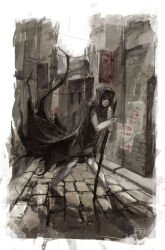 Rule 34 | 1girl, alley, amputee, banner, bloodrizer, border, brick road, brown hair, cane, frayed clothes, holding, holding cane, hood, hood up, leaning, medium hair, monochrome, original, outdoors, poster (object), quadruple amputee, sepia, signature, solo, spot color, standing, white border