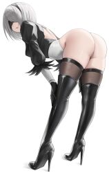 Rule 34 | 1girl, 2b (nier:automata), absurdres, ass, backless dress, backless outfit, bent over, black blindfold, black dress, black hairband, blindfold, boots, breasts, commentary request, curvy, dress, expressionless, feather-trimmed sleeves, from behind, from side, full body, gloves, hairband, hands on own knees, high heel boots, high heels, highleg, highleg leotard, highres, huge ass, kurone rinka, legs, leotard, looking at viewer, looking back, medium breasts, medium hair, nier:automata, nier (series), parted lips, simple background, skindentation, solo, standing, thigh boots, thighhighs, thighs, torn clothes, torn dress, white background, white hair, white leotard