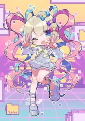 Rule 34 | 1girl, :d, blonde hair, blue bow, blue eyes, blue footwear, blue hair, blue shirt, blue skirt, blush, bow, chouzetsusaikawa tenshi-chan, double v, full body, hair bow, long hair, long sleeves, looking at viewer, multicolored hair, multiple hair bows, needy girl overdose, one eye closed, open mouth, pink bow, pink hair, platform footwear, pleated skirt, purple bow, quad tails, sailor collar, school uniform, serafuku, shirt, skirt, smile, solo, standing, twintails, v, very long hair, window (computing), yellow bow, zest (lossol)