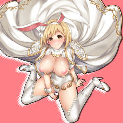 Rule 34 | 10s, 1girl, abe inori, alternate costume, animal ears, between legs, blonde hair, blush, breasts, breasts out, brown eyes, cape, djeeta (granblue fantasy), fake animal ears, flower, granblue fantasy, hair flower, hair ornament, hairband, halftone, hand between legs, high heels, large breasts, leotard, looking at viewer, nipples, pink thighhighs, rabbit ears, sage (granblue fantasy), short hair, sitting, smile, solo, thighhighs, wariza, white thighhighs, wrist cuffs