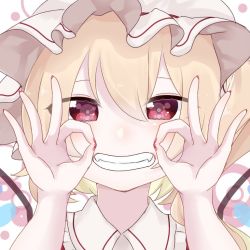 Rule 34 | 1girl, blonde hair, blush, collared shirt, commentary request, eringi (rmrafrn), eyebrows hidden by hair, fangs, fingernails, flandre scarlet, frilled shirt collar, frills, grin, hair between eyes, hands up, hat, long hair, looking at viewer, mob cap, nail polish, ok sign, one side up, portrait, red eyes, red nails, shirt, smile, solo, symbol in eye, touhou, white hat