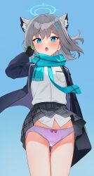 Rule 34 | 1girl, absurdres, animal ear fluff, animal ears, blue archive, blue background, blue eyes, blue jacket, blue necktie, blue scarf, bow, bow panties, breast pocket, cross hair ornament, dress shirt, extra ears, gradient background, grey hair, hair ornament, halo, high-waist skirt, highres, jacket, looking at viewer, medium hair, mismatched pupils, necktie, open clothes, open jacket, open mouth, panties, plaid, plaid skirt, pleated skirt, pocket, purple panties, scarf, shiroko (blue archive), shirt, shirt tucked in, skirt, solo, soysalmon, standing, striped clothes, striped scarf, underwear, white shirt, wind, wind lift, wolf ears