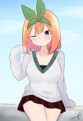 Rule 34 | 1girl, arm support, blue eyes, blue sky, blush, breasts, brown skirt, cleavage, closed mouth, cloud, collarbone, commentary, day, eyebrows hidden by hair, go-toubun no hanayome, green ribbon, grey sweater, hair ribbon, highres, kujou karasuma, long sleeves, looking away, looking to the side, medium breasts, nakano yotsuba, one eye closed, orange hair, outdoors, ribbon, signature, sitting, skirt, sky, sleeves past wrists, solo, sweater, symbol-only commentary