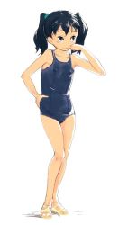 Rule 34 | 1girl, :p, covered erect nipples, female focus, np (slipbounds), one-piece swimsuit, original, school swimsuit, shoes, simple background, solo, swimsuit, toeless footwear, tongue, tongue out, twintails, white background