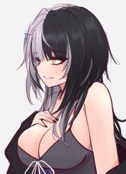 Rule 34 | 1girl, black coat, black dress, black eyeliner, black eyeshadow, black hair, black nails, breasts, cleavage, coat, dress, eyeliner, eyeshadow, fingernails, grey background, grey hair, hair ornament, hand on own chest, highres, hololive, hololive english, large breasts, light blush, long hair, long sleeves, looking ahead, m r b, makeup, multicolored hair, nail polish, off shoulder, open clothes, open coat, parted lips, profile, ribbon, shiori novella, shiori novella (1st costume), sideways mouth, simple background, sleeves past wrists, smile, solo, split-color hair, teeth, two-tone hair, upper body, virtual youtuber, white ribbon, yellow eyes