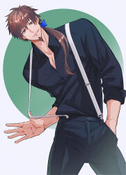 Rule 34 | 1boy, absurdres, black pants, black shirt, blue ribbon, brown eyes, collarbone, fate/grand order, fate (series), grin, hair ribbon, hand in pocket, haruakira, head tilt, hector (fate), highres, large hands, leaning forward, long hair, long sleeves, male focus, mature male, pants, pectoral cleavage, pectorals, ponytail, ribbon, shirt, sleeves past elbows, smile, solo, suspenders pull
