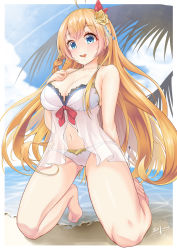 Rule 34 | 1girl, :p, absurdres, ahoge, barefoot, beach, bikini, blue eyes, blue sky, breasts, cloud, dated, day, flower, full body, hair flower, hair ornament, highres, kneeling, large breasts, long hair, looking at viewer, mikawa sansen, navel, ocean, orange hair, outdoors, pecorine (princess connect!), pecorine (summer) (princess connect!), princess connect!, rose, saliva, sand, signature, sky, solo, swimsuit, toes, tongue, tongue out, white bikini, yellow flower, yellow rose