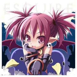 Rule 34 | 00s, 1girl, arm support, black gloves, blush, close-up, disgaea, earrings, elbow gloves, etna (disgaea), fang, gloves, haga yui, jewelry, looking at viewer, makai senki disgaea, neck ring, nippon ichi, pointy ears, prinny, purple eyes, purple hair, short hair, skull earrings, solo, spiked hair, stuffed animal, stuffed toy, two side up