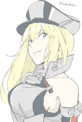 Rule 34 | 1girl, bismarck (kancolle), blonde hair, blue eyes, breasts, elbow gloves, gloves, hat, kantai collection, long hair, military, military uniform, ninimo nimo, one-hour drawing challenge, peaked cap, simple background, smile, solo, twitter username, uniform, white background