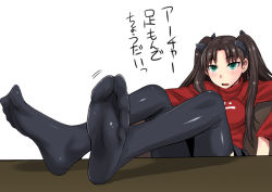 Rule 34 | 1girl, black thighhighs, blush, bow, breasts, brown hair, fate/stay night, fate (series), feet, foot focus, greek toe, green eyes, hair bow, kokuriu, large breasts, long hair, long legs, long sleeves, no shoes, open mouth, shiny clothes, sitting, soles, solo, thighhighs, toes, tohsaka rin, translated, twintails, two side up
