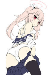 Rule 34 | 1girl, absurdres, ass, black sailor collar, black skirt, black thighhighs, blue archive, blush, bra, breasts, clothes pull, commentary request, from behind, halo, highres, long sleeves, looking at viewer, looking back, natsu (blue archive), off shoulder, panties, parted lips, pink hair, pleated skirt, pulling own clothes, red eyes, sailor collar, sakuraba hikaru (loveindog), school uniform, serafuku, shirt, simple background, skirt, skirt pull, small breasts, solo, thighhighs, twintails, underwear, undressing, white background, white bra, white panties, white shirt