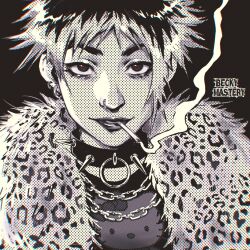 Rule 34 | 1girl, animal print, artist name, beckymastery, chromatic aberration, cigarette, collar, commentary request, earrings, fur scarf, greyscale, hello kitty, highres, jewelry, leopard print, lipstick, makeup, monochrome, multicolored hair, multiple earrings, nose piercing, nose ring, original, piercing, portrait, sanrio, short hair, smoking, solo, spiked collar, spikes, spot color, two-tone hair