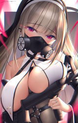 1girl assault_rifle bad_id bad_pixiv_id bare_shoulders between_breasts blunt_bangs blush breast_curtains breast_lift breasts brown_hair cleavage commentary_request cross detached_sleeves gas_mask gun heart heart-shaped_pupils holding holding_gun holding_weapon jewelry large_breasts lens_flare long_hair long_sleeves looking_at_viewer m4_carbine mask mhru o-ring original revealing_clothes rifle ring signature solo symbol-shaped_pupils unaligned_breasts upper_body veil weapon