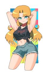Rule 34 | 1girl, absurdres, arms up, bare arms, blonde hair, blue eyes, breasts, elf, game console, grin, highres, legs, long hair, midriff, navel, nintendo, pointy ears, princess zelda, shorts, sidelocks, smile, super smash bros., the legend of zelda, the legend of zelda: a link between worlds, thigh gap, virtual boy