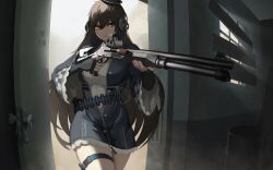 Rule 34 | 1girl, aiming, barrel, benelli m4 super 90, black headwear, blouse, boarded windows, breasts, brown hair, cero (last2stage), commentary, commission, door, dust, elbow gloves, english commentary, fingerless gloves, fisheye, girls&#039; frontline, gloves, gun, hair between eyes, hair ornament, hairclip, headphones, heterochromia, highres, indoors, large breasts, light particles, long hair, m1014, m1014 (girls&#039; frontline), optical sight, parted lips, red eyes, shirt, shotgun, shotgun shell, solo, thigh strap, trigger discipline, upper body, very long hair, weapon, white shirt, yellow eyes