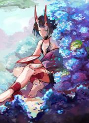 Rule 34 | 1girl, alcohol, ankle ribbon, barefoot, blue eyes, blunt bangs, crossed legs, cup, fate/grand order, fate (series), faux traditional media, feet, flat chest, flower, horns, hydrangea, japanese clothes, kimono, leg ribbon, looking at viewer, mukudori10, off shoulder, one eye closed, oni, outdoors, purple hair, ribbon, sakazuki, sake, short hair, shuten douji (fate), sitting, skin-covered horns, smile, soles, solo