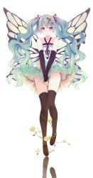 Rule 34 | 1girl, aqua eyes, aqua hair, bare shoulders, black thighhighs, blush, caidychen, elbow gloves, fairy wings, fingerless gloves, flower, full body, gloves, hair flower, hair ornament, hatsune miku, highres, long hair, looking at viewer, smile, solo, thighhighs, twintails, vocaloid, wings