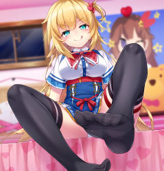 Rule 34 | 1girl, :p, akai haato, akai haato (1st costume), bed, black thighhighs, blonde hair, blue eyes, blurry, blurry background, blush, breasts, feet, foot focus, hair ornament, highres, hololive, kasaran, large breasts, long hair, looking at viewer, no shoes, panties, pantyshot, poster (medium), poster (object), sitting, smile, solo, thighhighs, tokino sora, tongue, tongue out, underwear, virtual youtuber, white panties, window
