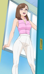 1girl breasts brown_eyes brown_hair glasses haruyama_kazunori indoors medium_breasts necktie open_mouth pants pink_shirt precure sakuragawa_saki shirt short_hair sleeveless sleeveless_shirt smile solo standing teeth tropical-rouge!_precure upper_teeth_only white_pants