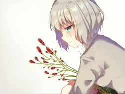 Rule 34 | 1girl, aoba moca, bang dream!, crying, crying with eyes open, flower, flower request, from side, green eyes, green skirt, grey hair, nyacha (tya n ya), profile, shirt, short hair, simple background, skirt, solo, tears, white background, white shirt