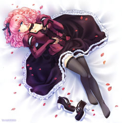Rule 34 | 00s, 1girl, 2009, bed, blue eyes, bridal gauntlets, choker, curly hair, dated, dress, feet, goth fashion, long sleeves, lying, mia, original, petals, pink hair, puffy sleeves, ringlets, shoes, unworn shoes, smile, thighhighs, toi-chan